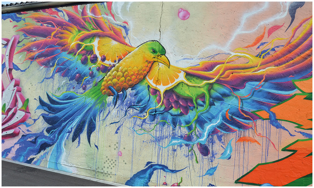 Ein Vogel aus buntem Obst ist eines der Motive der kreativen Graffiti-Wand.